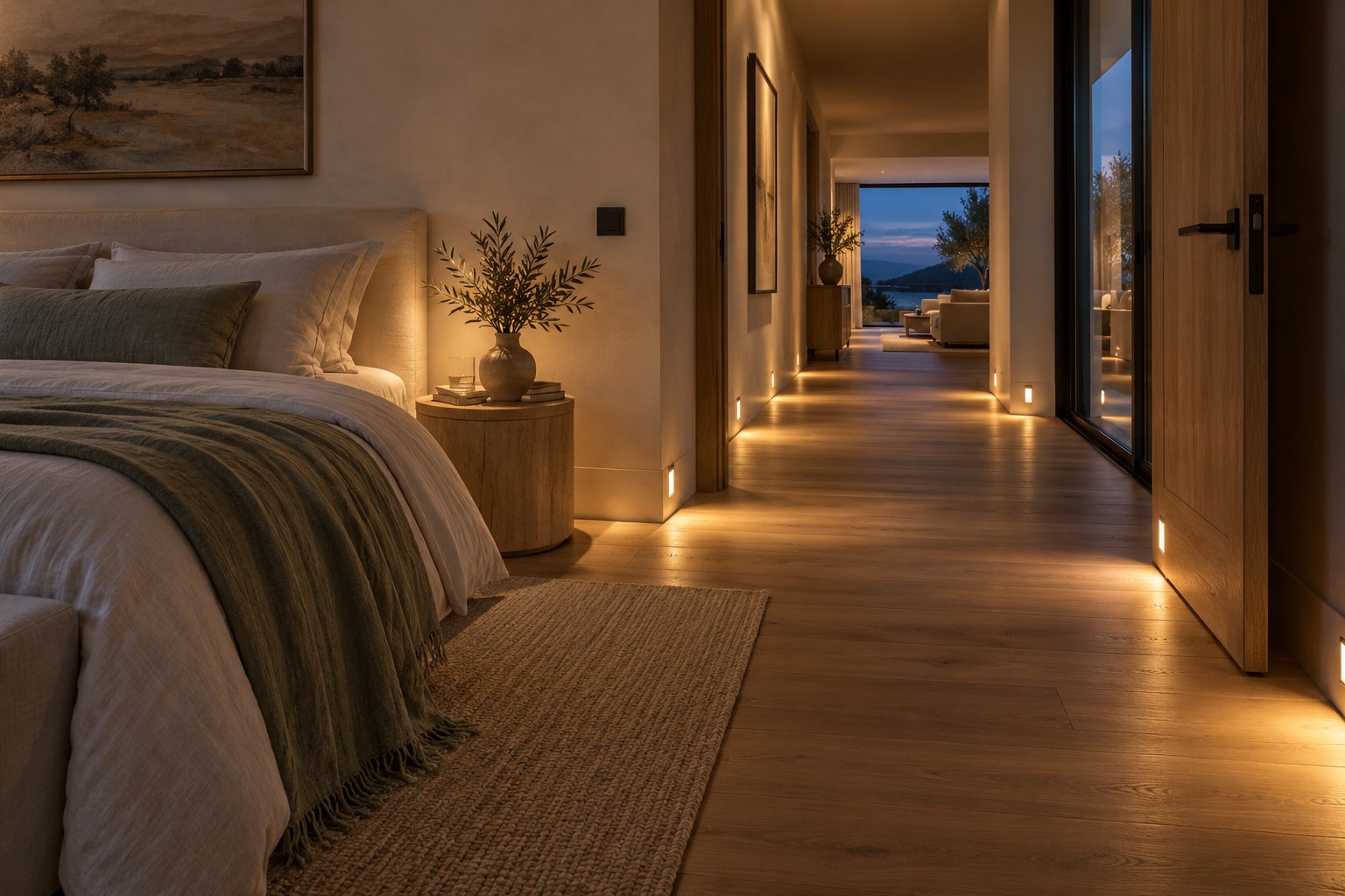 A calm bedroom opening onto a hallway with gentle low-level lighting